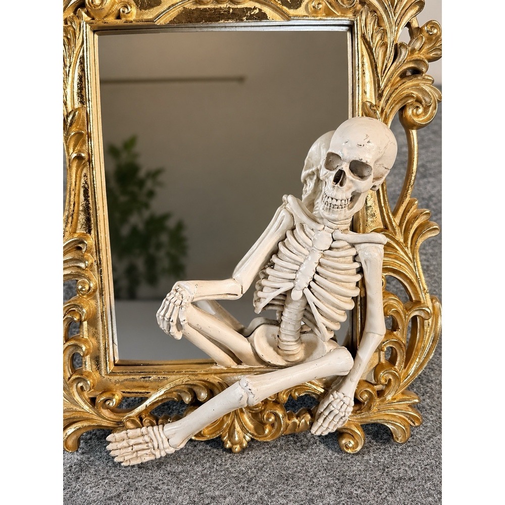 New Lg Ornate Metallic Gold Framed Tabletop Vanity Mirror w/3D Sitting Skeleton